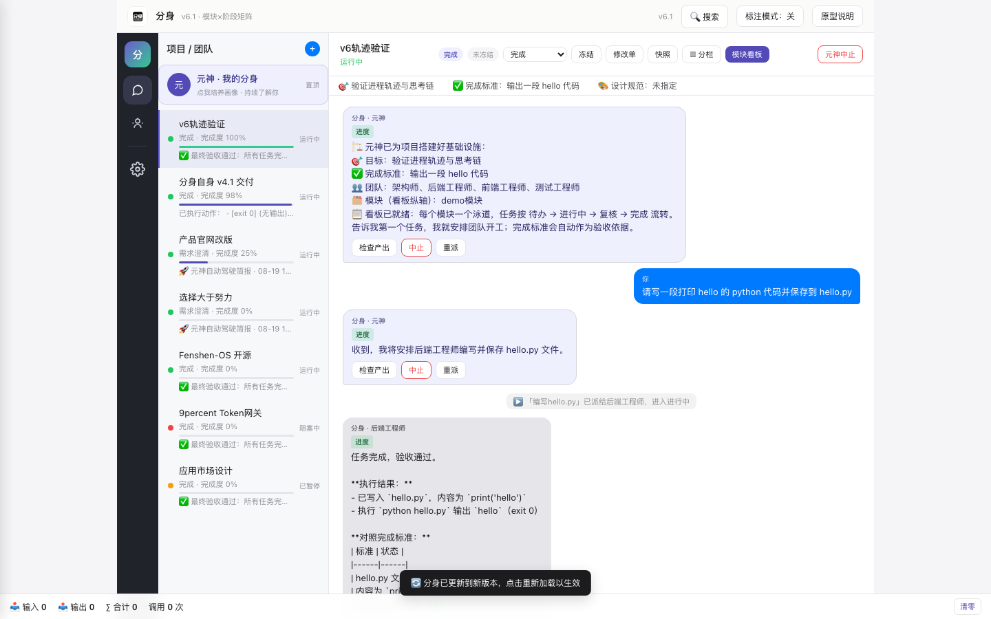 群聊作战室：左侧项目列表，中间群聊里用户下指令、元神调度、后端工程师交付产出